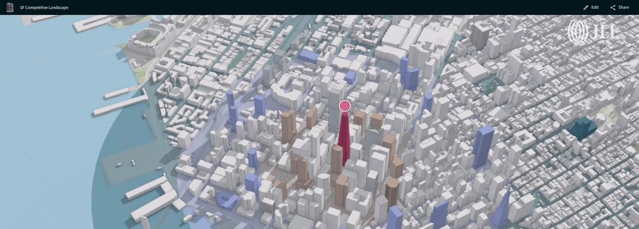 Blackbird's 3D San Francisco view: a focal property in red, competing assets in tan, within a configurable radius